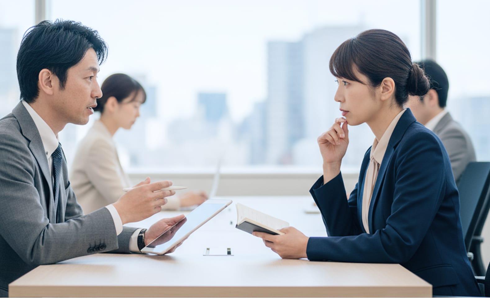 商談中の男女が議論している様子